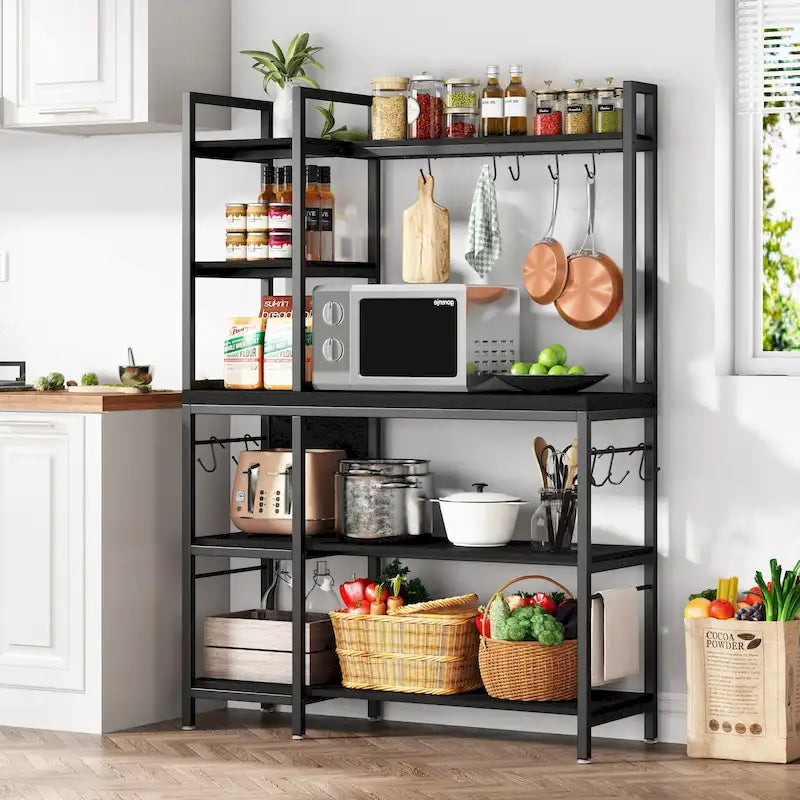 43-Inch Kitchen Bakers Rack with Microwave Stand - 5-Tier Utility Storage Shelf and 10 Hooks for Kitchen and Living Room