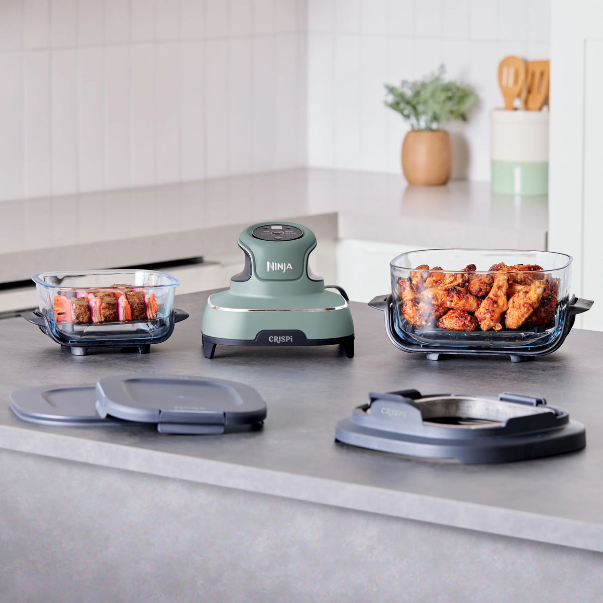 Ninja Crispi 4 - in - 1 Portable Glass Air Fryer Cooking System, 4 - Qt & 6 - Cup Containers, Cyberspace