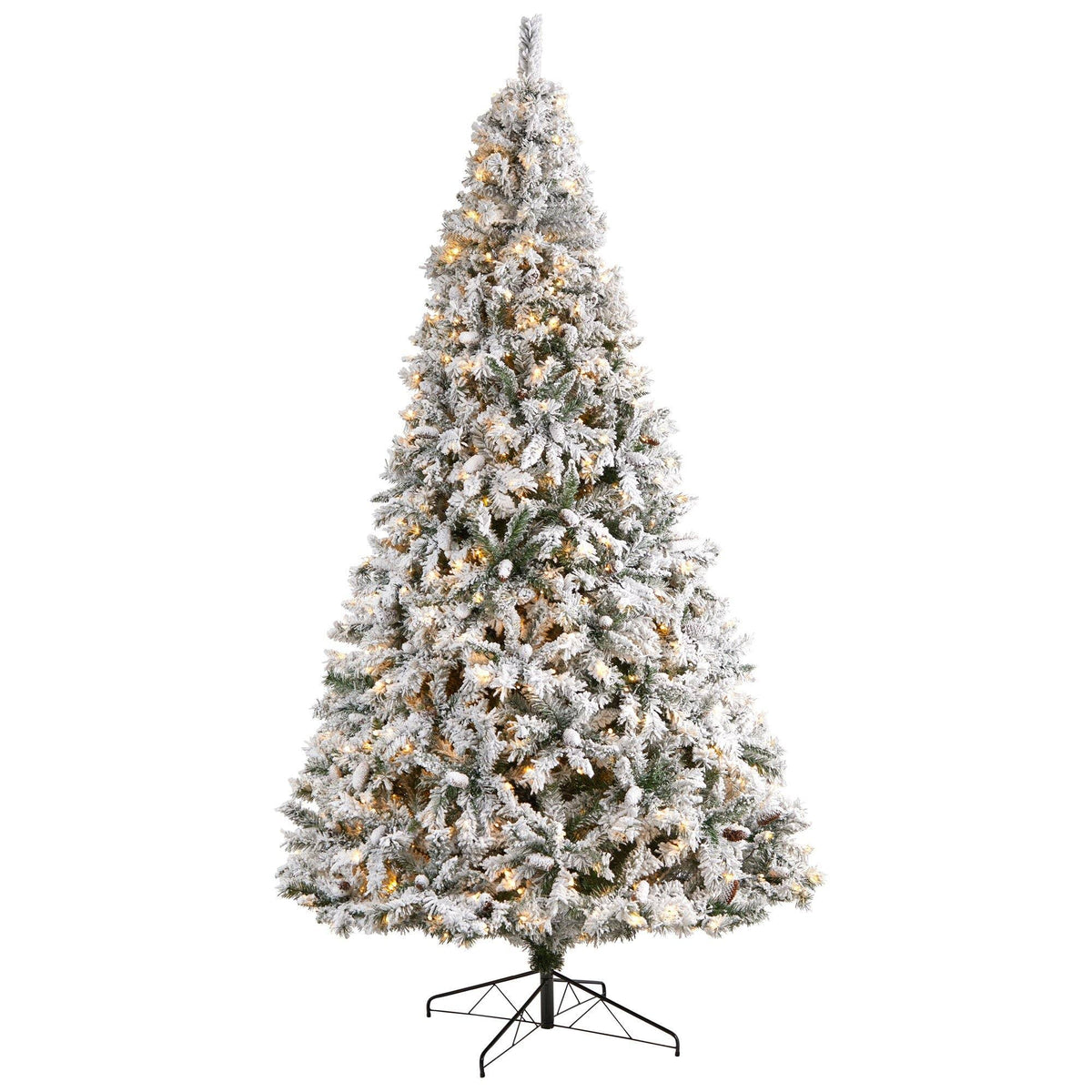 Nearly Natural 10' Flocked White River Mountain Pine Artificial Christmas Tree with Pinecones and 800 Clear LED Lights