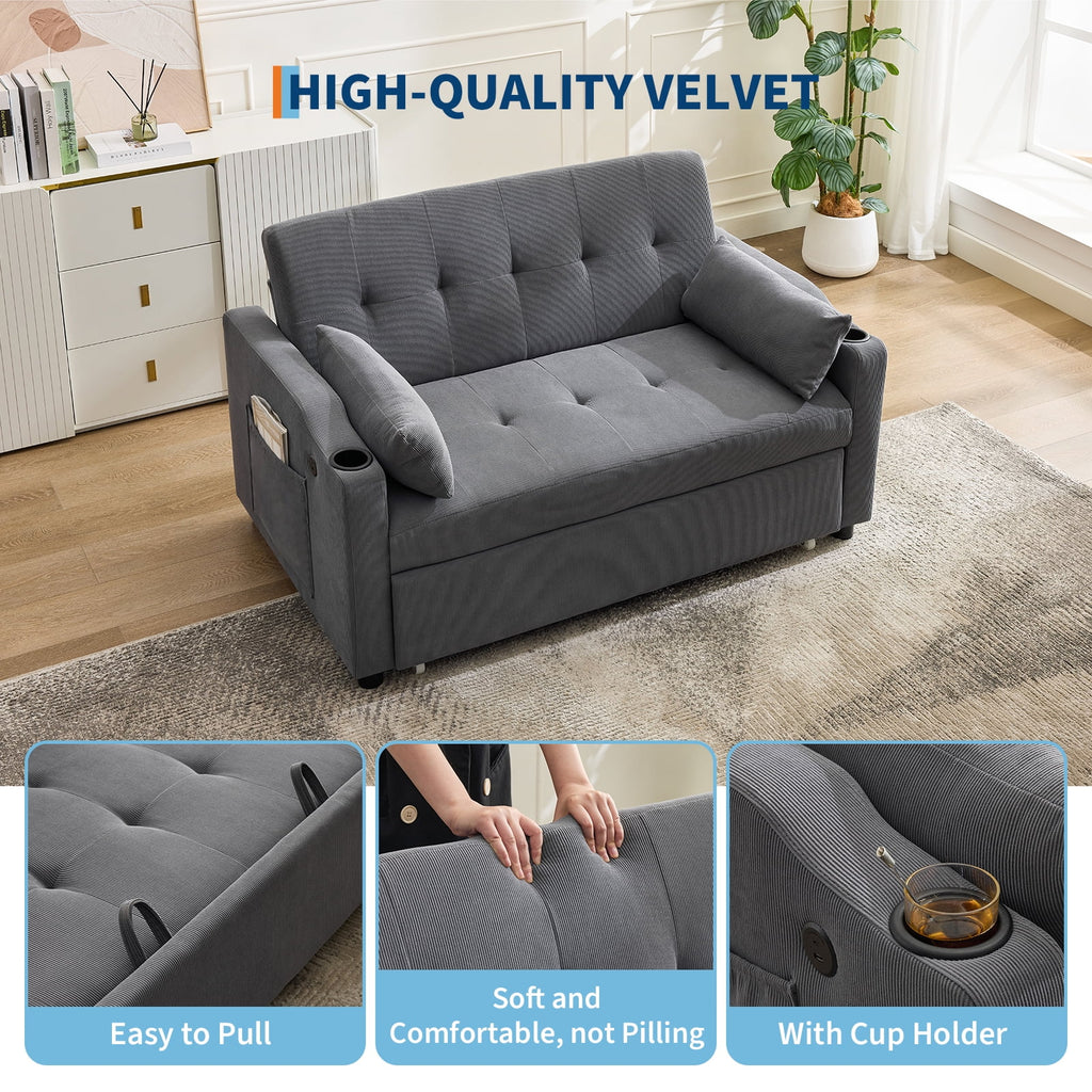 3 in 1 Convertible Sleeper Sofa Bed, Corduroy Futon Couches with Pull - Out Bed, Adjustable Backrest, Charging Port & Side Pockets, Modern Upholstered Sofa for Living Room, Guest Room
