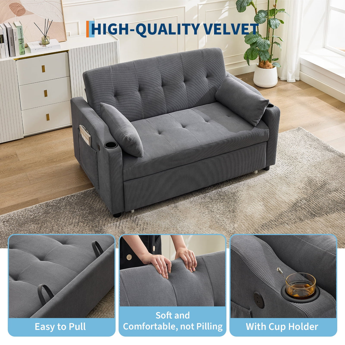 3 in 1 Convertible Sleeper Sofa Bed, Corduroy Futon Couches with Pull - Out Bed, Adjustable Backrest, Charging Port & Side Pockets, Modern Upholstered Sofa for Living Room, Guest Room