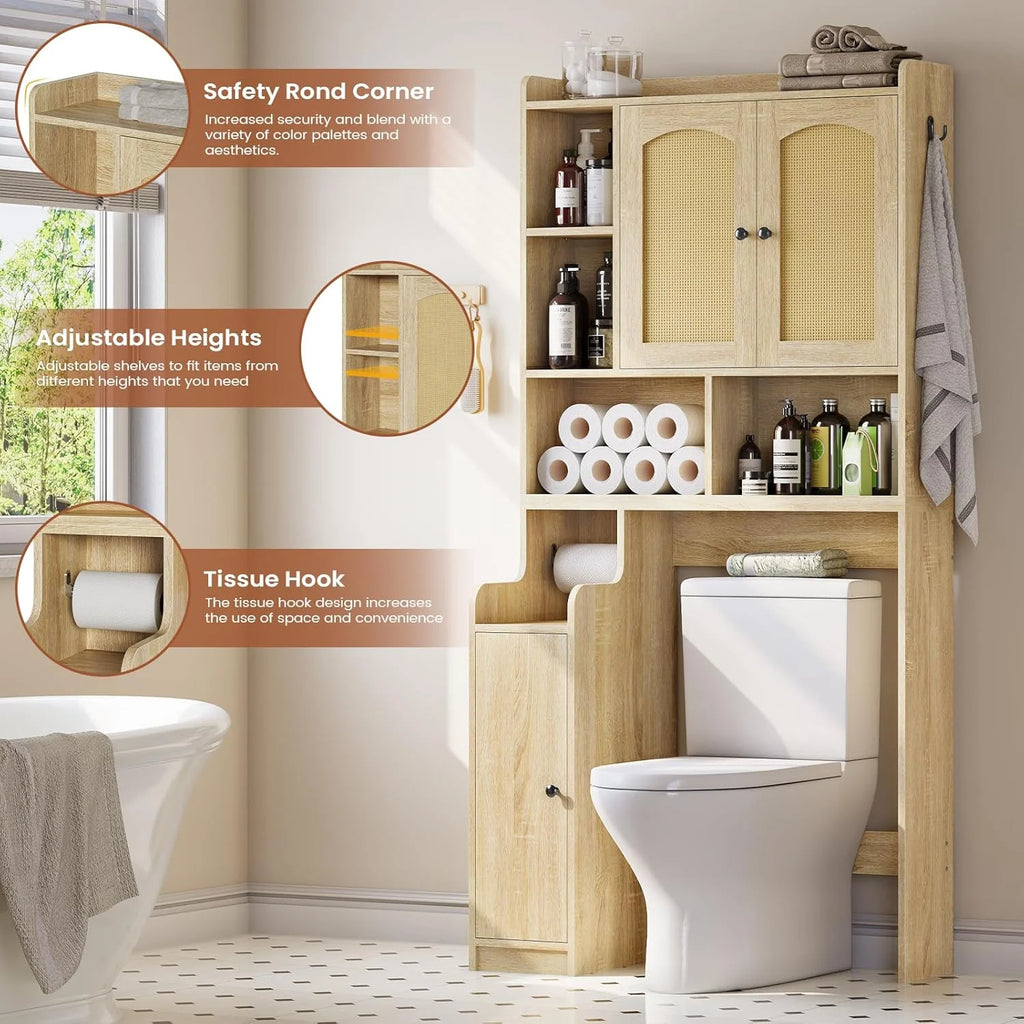 Over the Toilet Storage Cabinet with 3 Doors, Farmhouse Space Saver for Bathroom Organizer with Paper Holder, 10 Shelves and Hooks, 7 - Tier Over Washing Machine Cabinet for Laundry, Bathroom, Natural