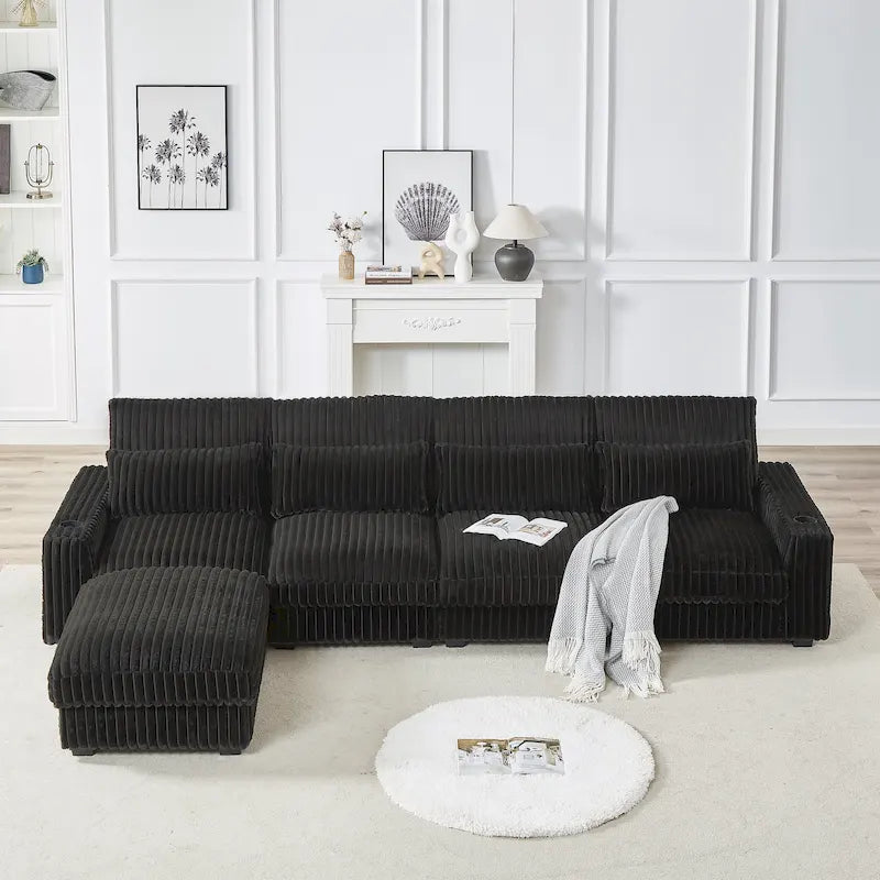 126W Large L-Shaped Corduroy Sofa with USB Charging Port
