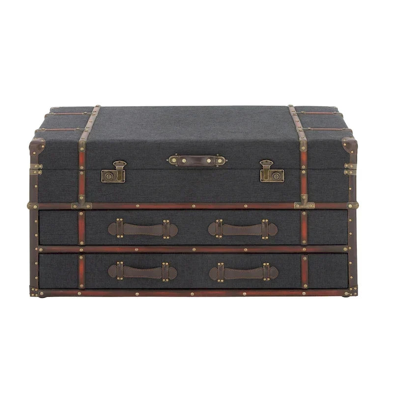Roche River Decor Faux Leather or Linen Fabric Coffee Table Trunk with 2 Drawers and Buckle Hinged Top - Available in Dark Blue or Brown