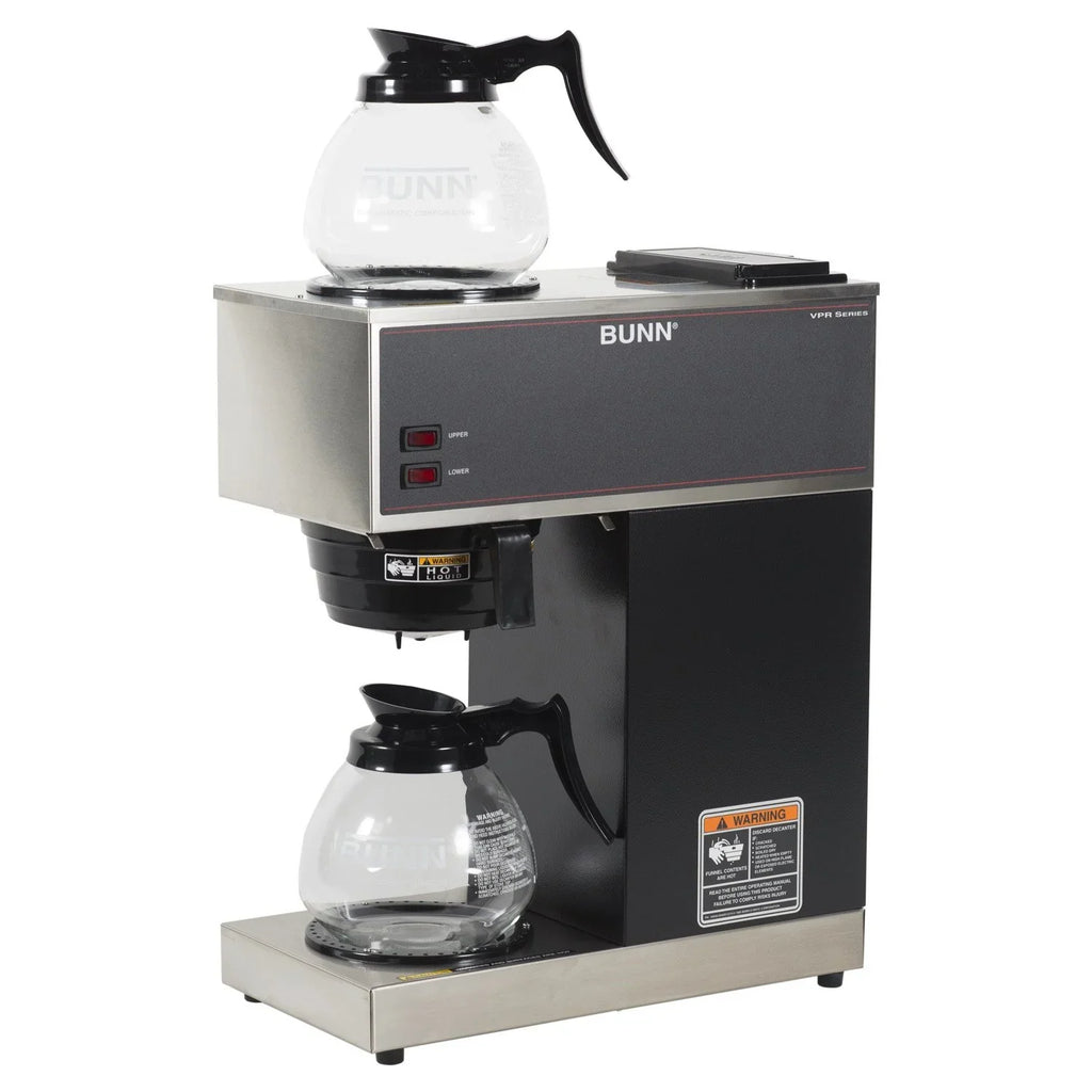 12-Cup Pourover Coffee Maker, Black, with Upper & Lower Warmers, 2 Glass Decanters, Commercial Use