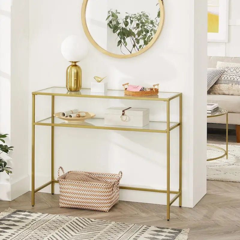 Elegant Gold Tempered Glass Console Table with Metal Frame and Dual Shelves - 39.4L x 13.8W x 31.5H