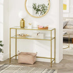 Elegant Gold Tempered Glass Console Table with Metal Frame and Dual Shelves - 39.4L x 13.8W x 31.5H
