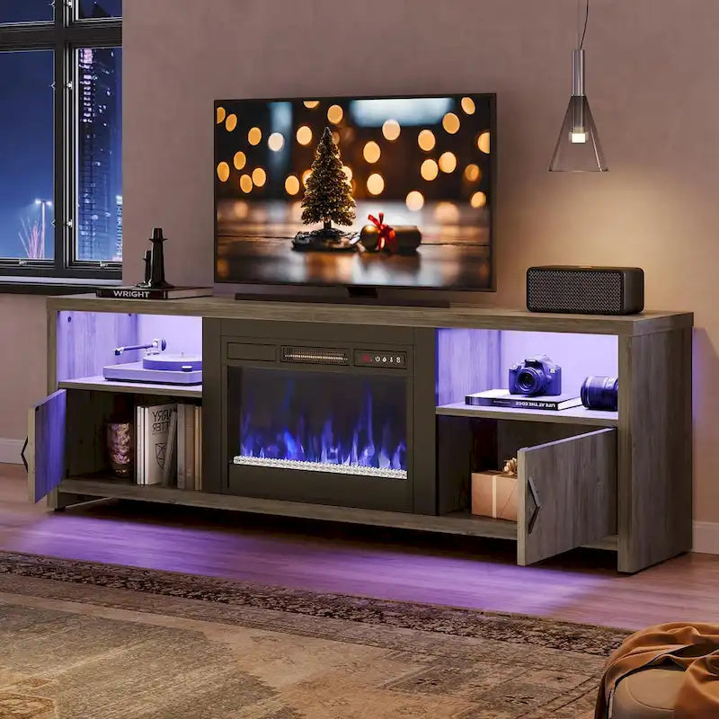 71-Inch TV Stand for 75-Inch TVs with LED Fireplace and Storage Cabinet