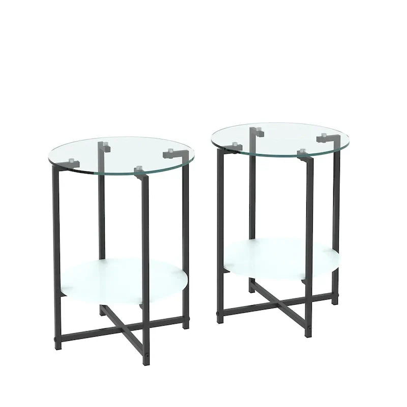 Black 2-Piece Tempered Glass End Table Set - Round Coffee Table for Bedroom, Living Room, and Office