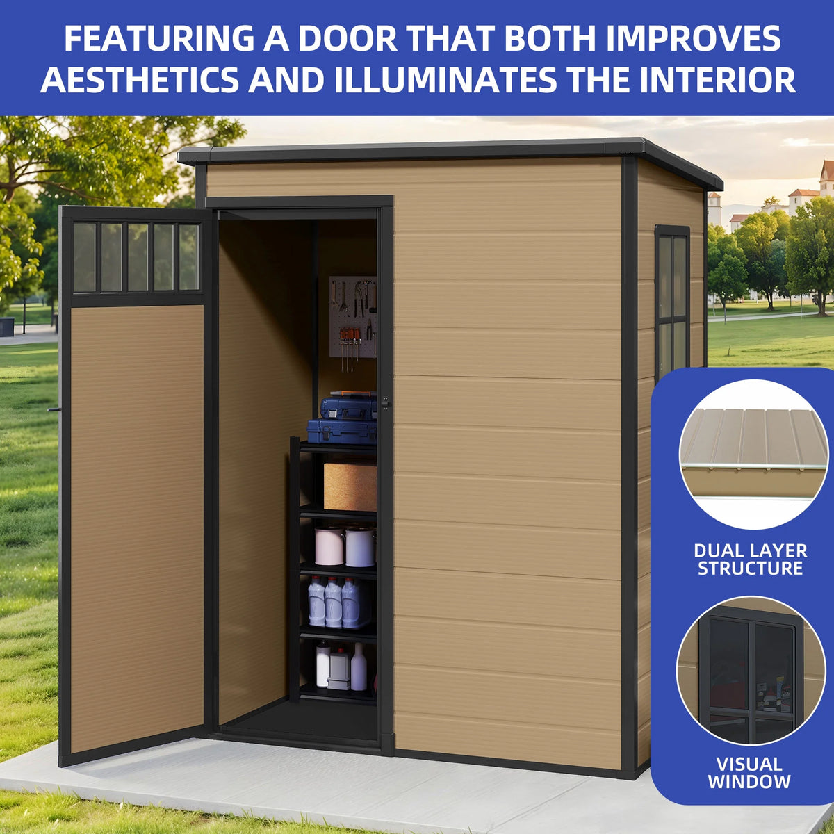 Modfusion 4.62.66.3 Ft Resin Storage Shed with Window, Floor, Plastic Roof, Storage Cabinets for Brooms Vacuum Cleaners Fits 65 to 68 in, Winter Gear Box, Black
