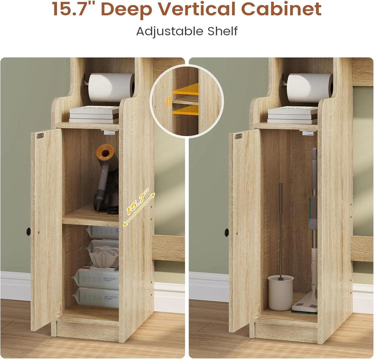 Over the Toilet Storage Cabinet with 3 Doors, Farmhouse Space Saver for Bathroom Organizer with Paper Holder, 10 Shelves and Hooks, 7 - Tier Over Washing Machine Cabinet for Laundry, Bathroom, Natural