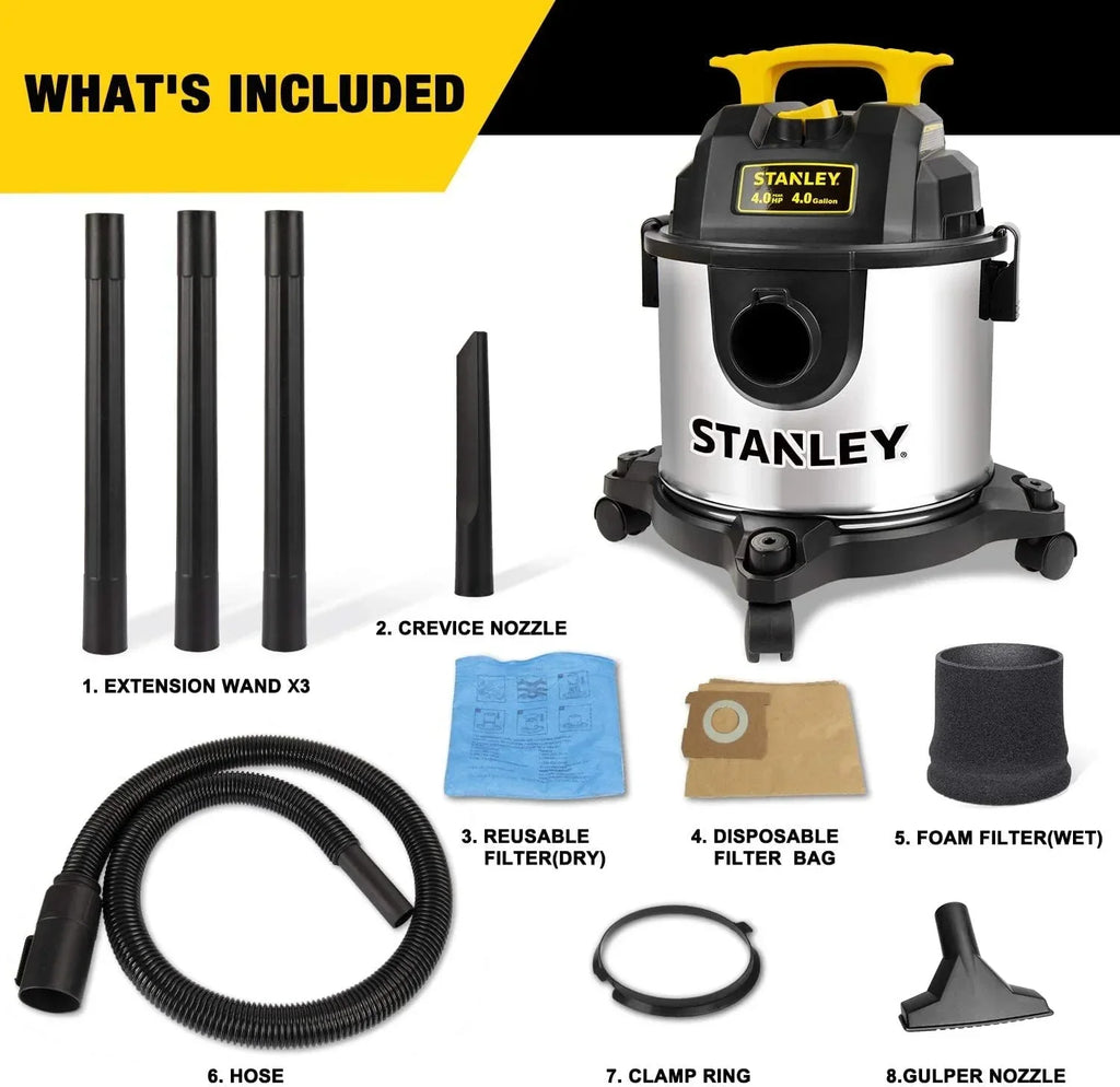 4 Gallon Wet Dry Vacuum, 4 Peak HP Stainless Steel 3 in 1 Shop Vacuum Blower with Powerful Suction, Vacuum for Job Site, Garage, Basement, Workshop