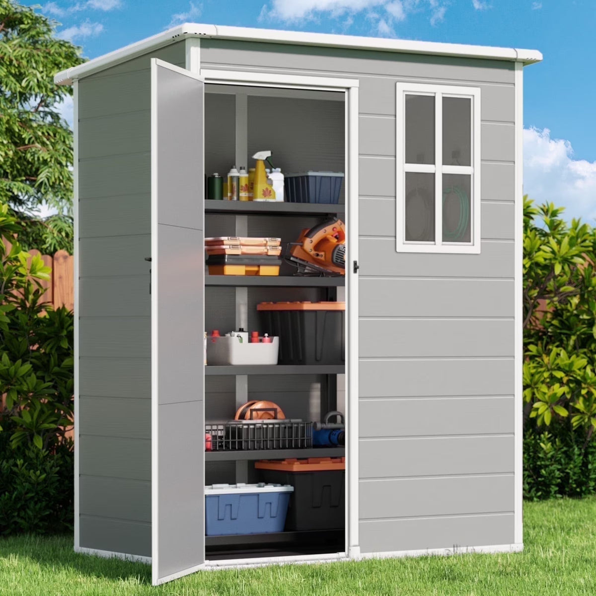 6x4 FT Resin Storage Shed, Lofka Plastic Outdoor Shed with Heavy Duty Floors, 135.6 cu ft, Colorfast, Side Window, Double Lockable Doors for Garden Backyard