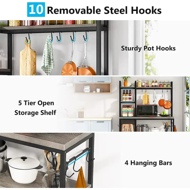 43-Inch Kitchen Bakers Rack with Microwave Stand - 5-Tier Utility Storage Shelf and 10 Hooks for Kitchen and Living Room