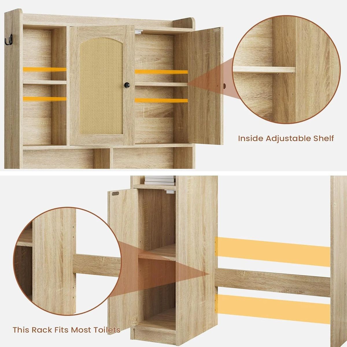 Over the Toilet Storage Cabinet with 3 Doors, Farmhouse Space Saver for Bathroom Organizer with Paper Holder, 10 Shelves and Hooks, 7 - Tier Over Washing Machine Cabinet for Laundry, Bathroom, Natural