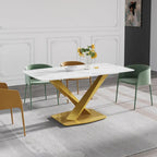 63-Inch Contemporary Dining Table with Slate Stone Surface and Metal Legs, Marble Finish