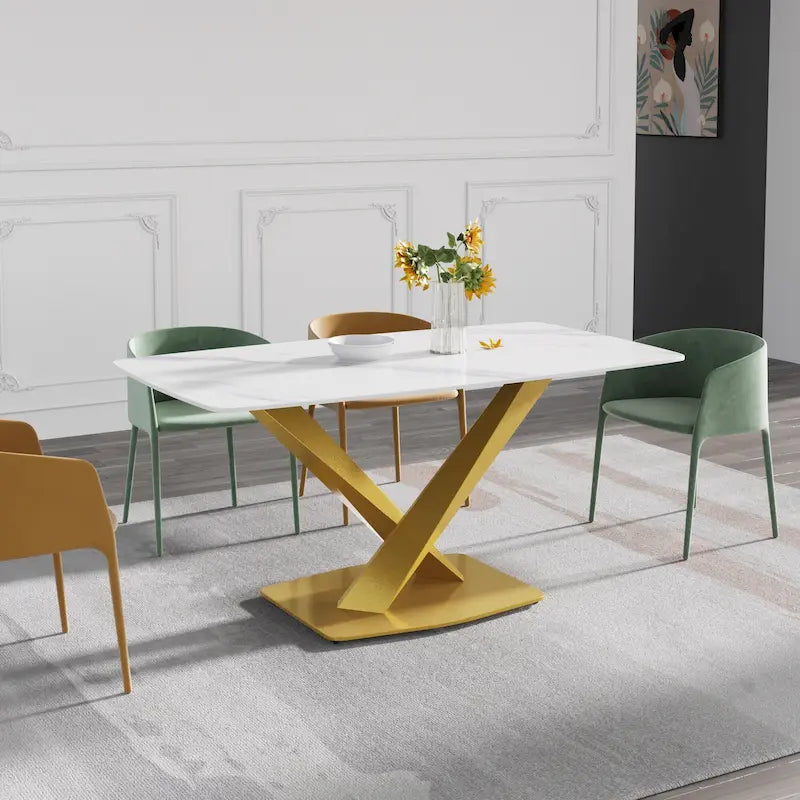 63-Inch Contemporary Dining Table with Slate Stone Surface and Metal Legs, Marble Finish