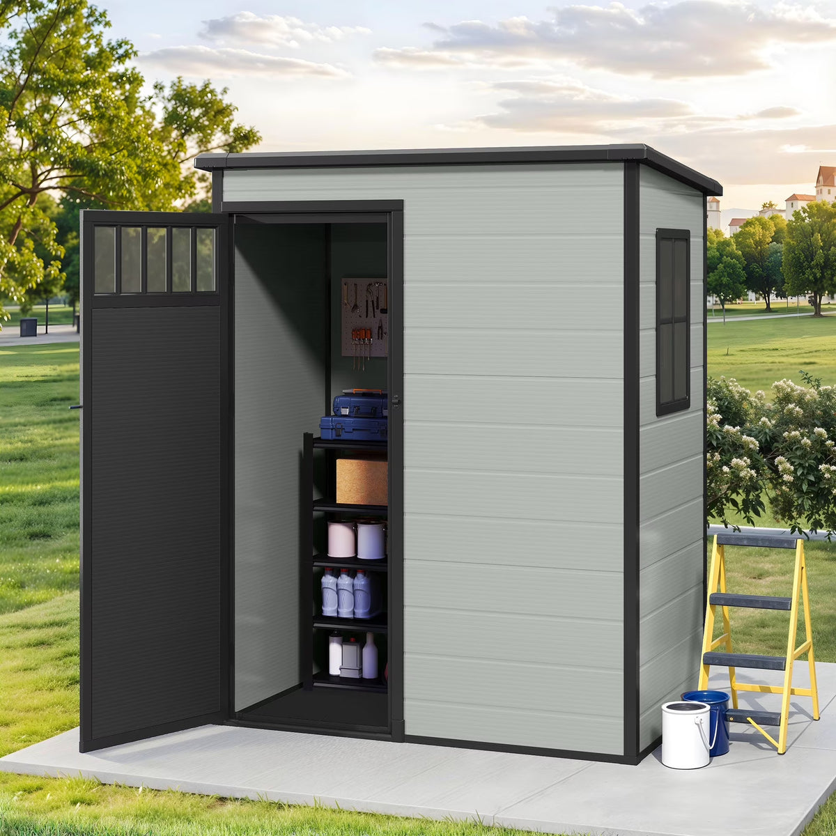 Modfusion 4.62.66.3 Ft Resin Storage Shed with Window, Floor, Plastic Roof, Storage Cabinets for Brooms Vacuum Cleaners Fits 65 to 68 in, Winter Gear Box, Black