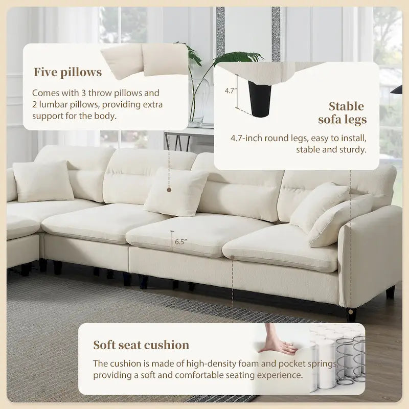 110-Inch L-Shaped 5-Seater Sectional Sofa with Removable Ottoman, Cloud Chenille Fabric, and 5 Cushions