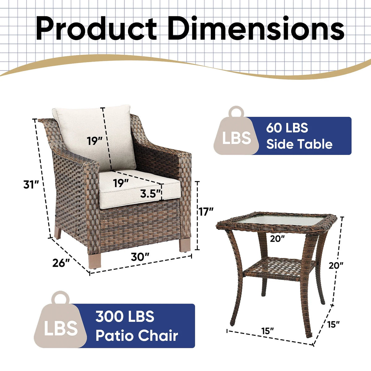 Bellefurn Outdoor Wicker Patio Chairs Set of 2 with Side Table, All - Weather Wicker Rattan Chairs Patio Furniture Chairs for Porch Balcony Backyard Yard Deck