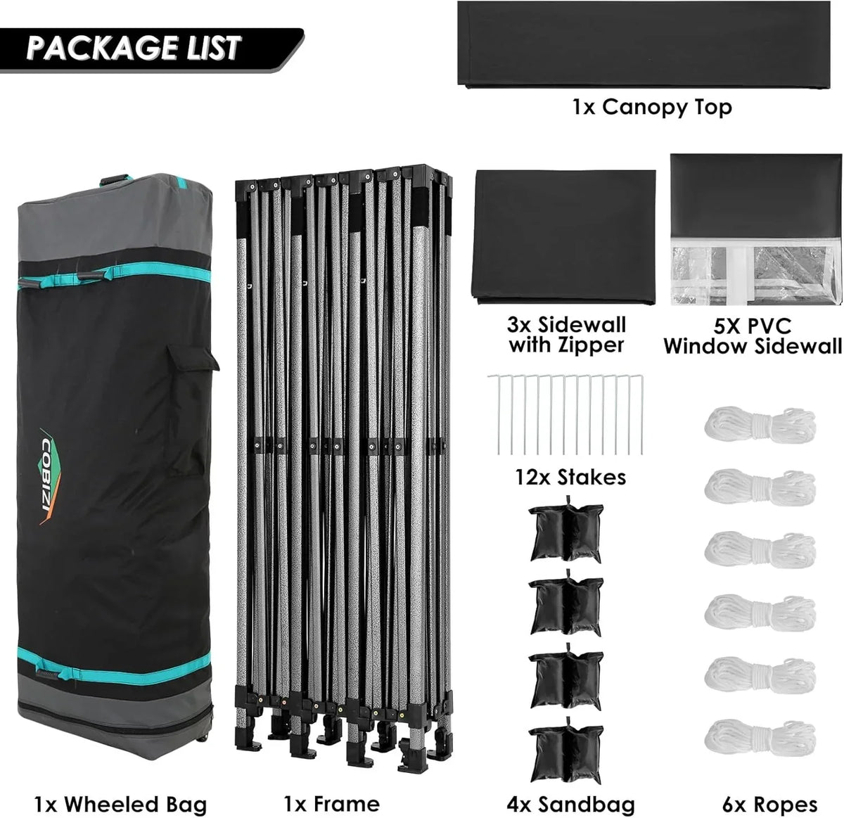 COBIZI 10x20 Heavy Duty Pop up Canopy Tent with 6 sidewalls Easy Up Commercial Outdoor Canopy Wedding Party Tents for Parties All Season Wind & Waterproof Gazebo with Roller Bag,Black(Frame Thickened)