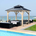 10 x 10 FT Outdoor Patio Hardtop Gazebo with Wood Frame & 2-Tier Metal Roof, All-Weather Gazebo Pergolas Shelter