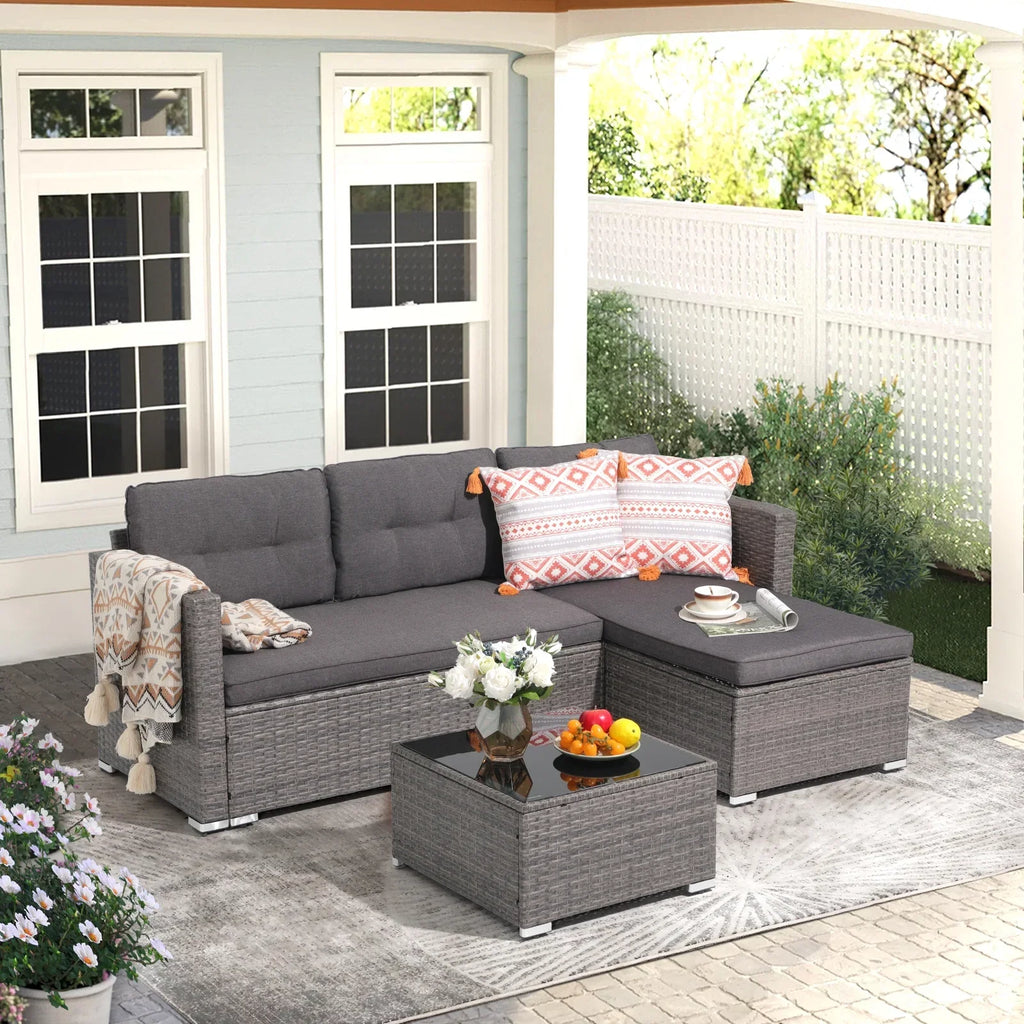 JOIVI 3 Pieces Patio Conversation Set, PE Wicker Rattan Outdoor Furniture Set, 2 Ways Small Sectional Sofa, Tempered Glass Coffee Table, Silver-Gray