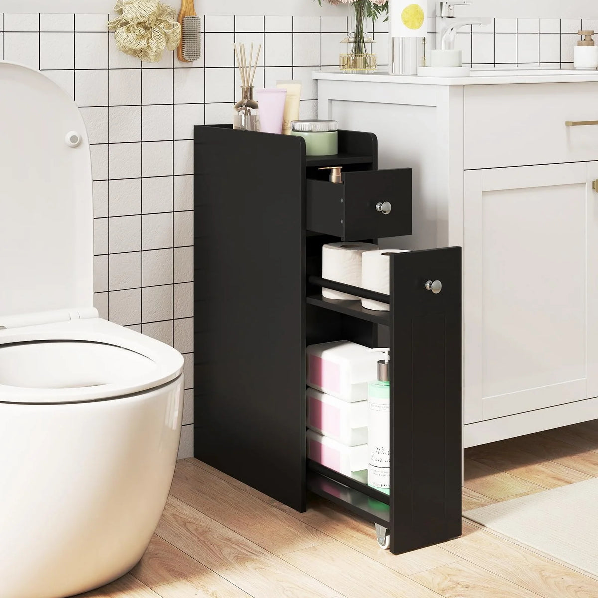 Tangkula Small Bathroom Storage Cabinet 4-Tier with Slide Out Drawers on Casters