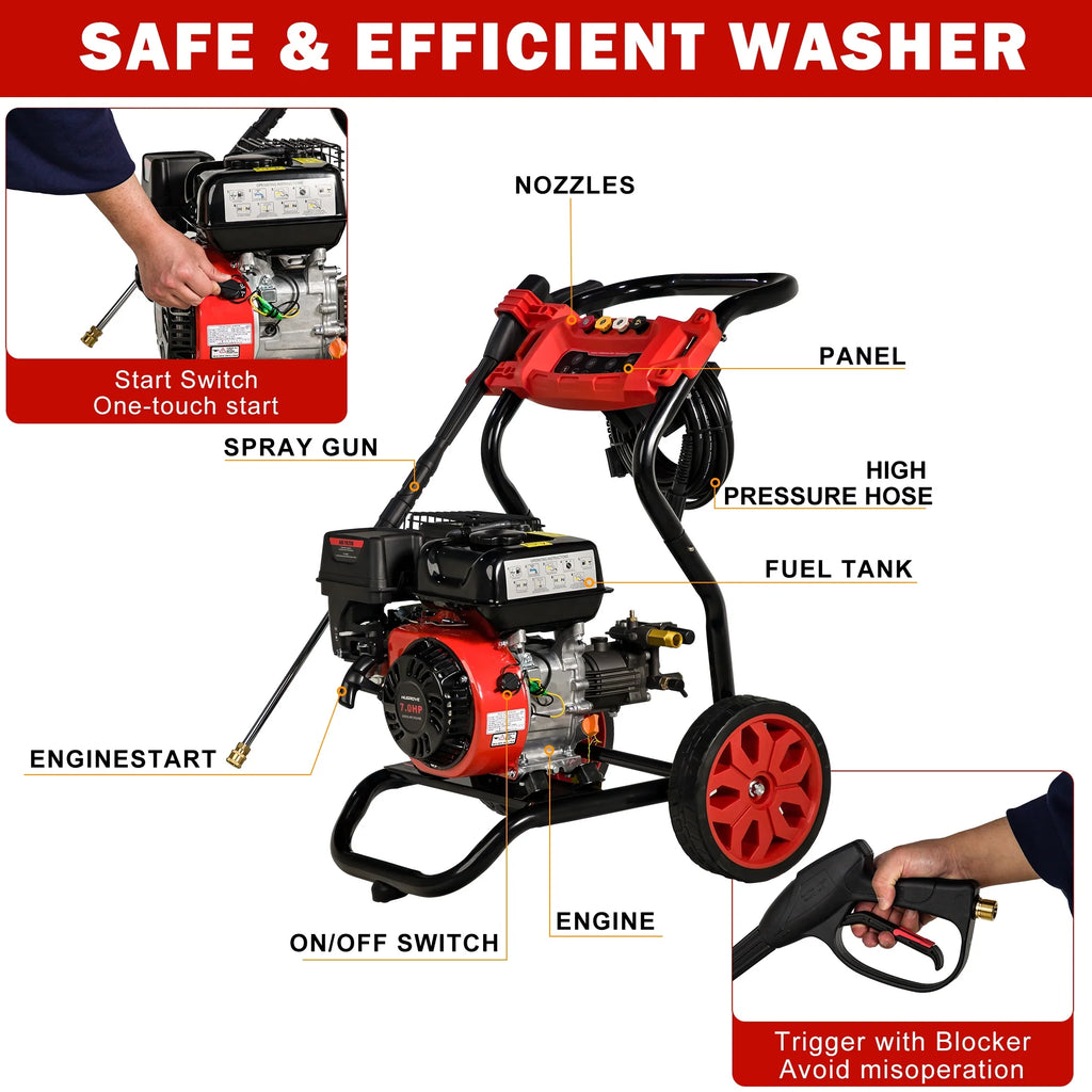 Pressure Washer Gas Powered, 3500PSI High Pressure Power Washer W/7.0HP Aluminum Pump, 210CC Powerful Engine, Maximum Spray 32.8FT, 4 Nozzles