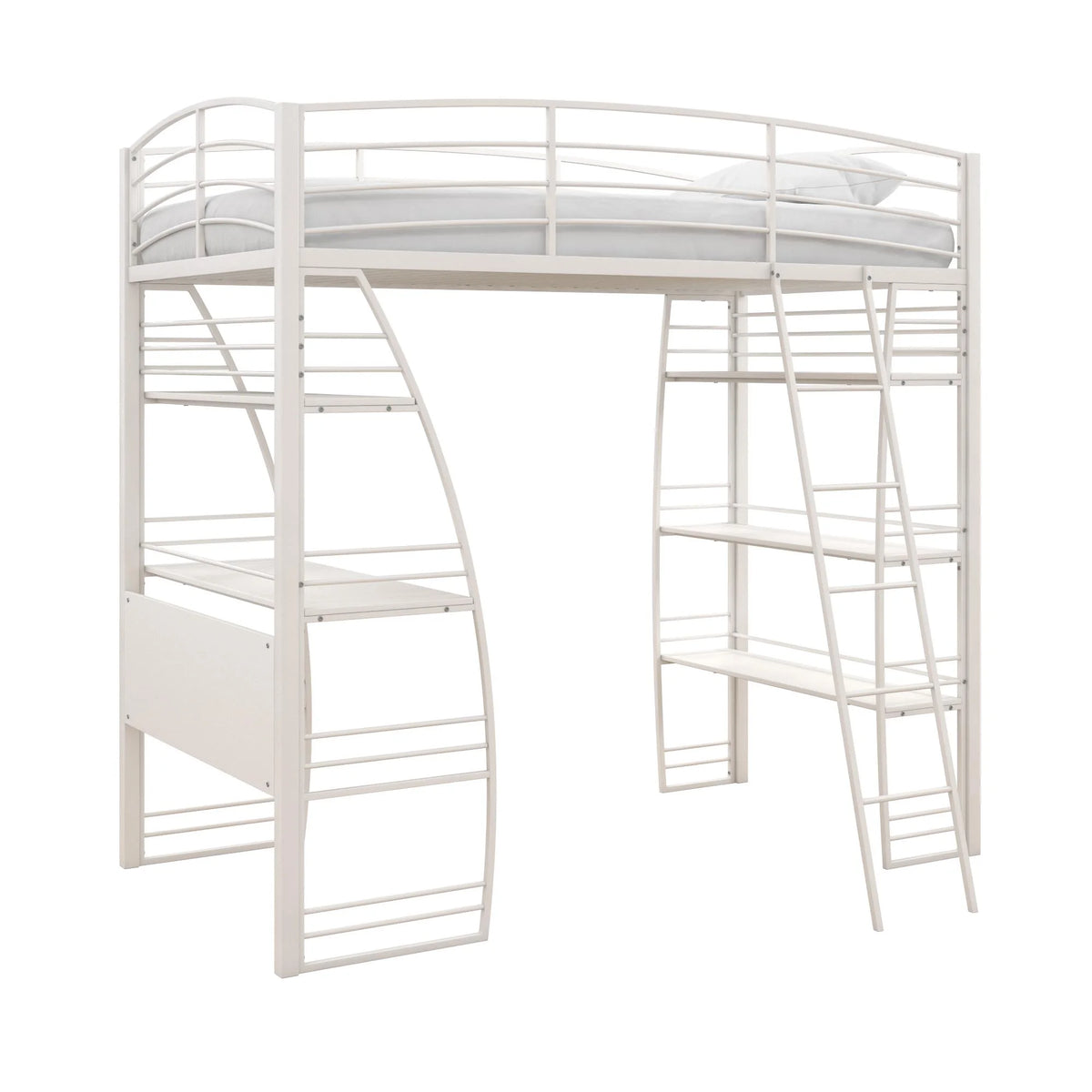 DHP Sage Studio Twin Metal Loft Bed with Integrated Desk and Shelves, Off White