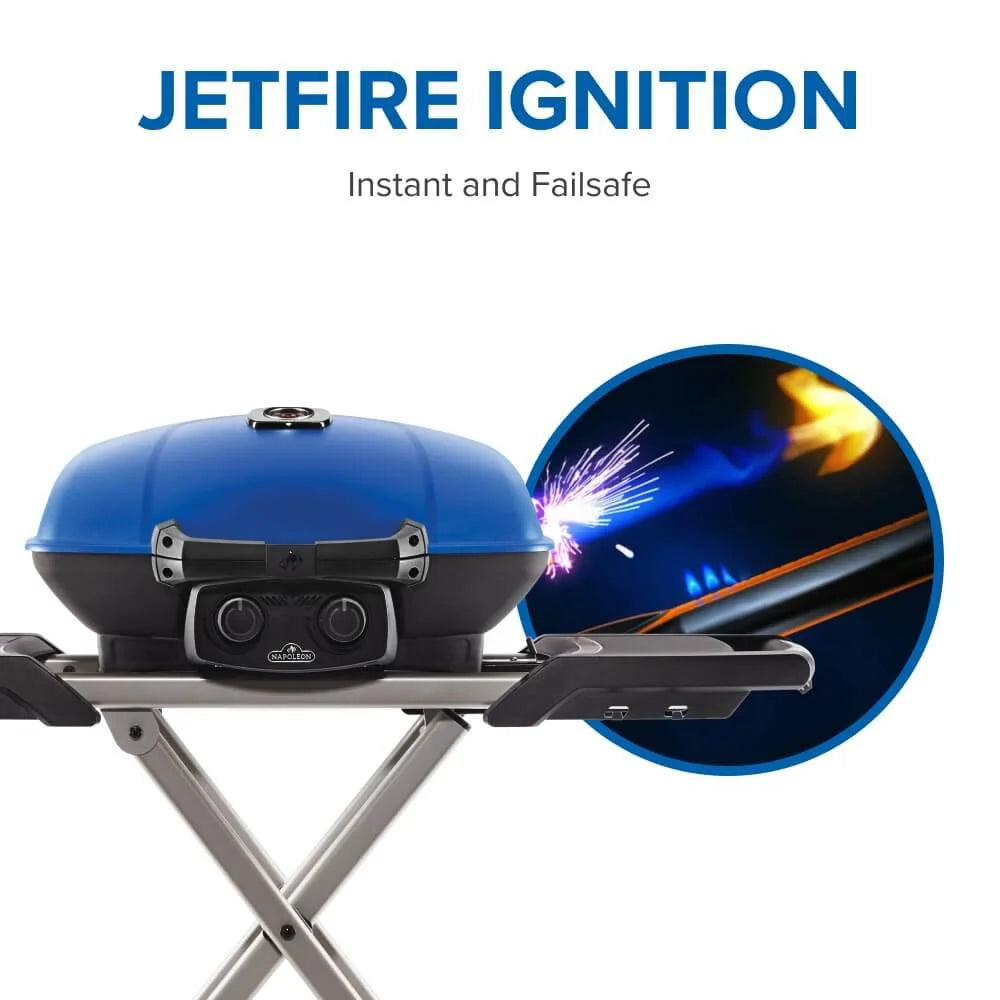 Napoleon Travelq 285X 1 - Burner Portable Propane Gas Grill in Blue with Scissor Cart