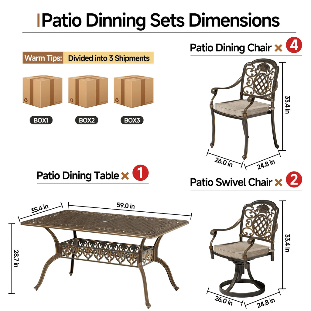 7 - Piece Patio Furniture Dining Set, All - Weather Cast Aluminum Outdoor Table and Chairs for 6, Includes 4 Dining Chair & 2 Swivel Chairs & 60 Rectangular Table, Beige