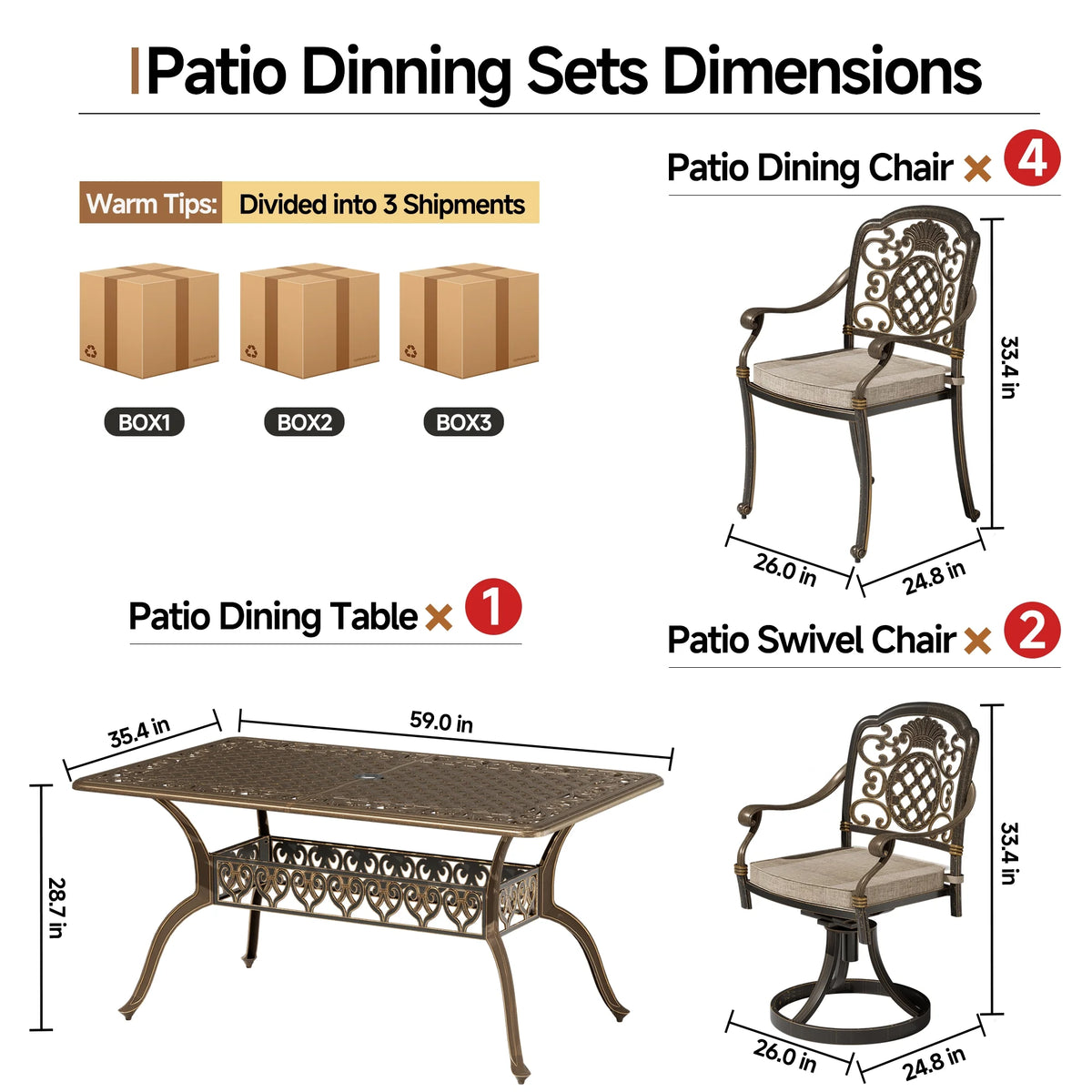 7 - Piece Patio Furniture Dining Set, All - Weather Cast Aluminum Outdoor Table and Chairs for 6, Includes 4 Dining Chair & 2 Swivel Chairs & 60 Rectangular Table, Beige
