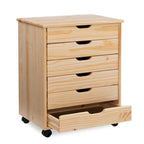 25.25-Inch Natural Brown Wide Rolling Storage Cabinet Featuring 6 Drawers
