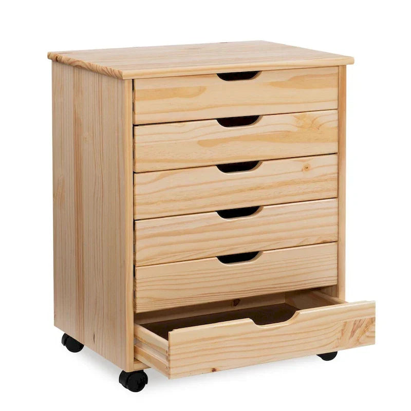 25.25-Inch Natural Brown Wide Rolling Storage Cabinet Featuring 6 Drawers