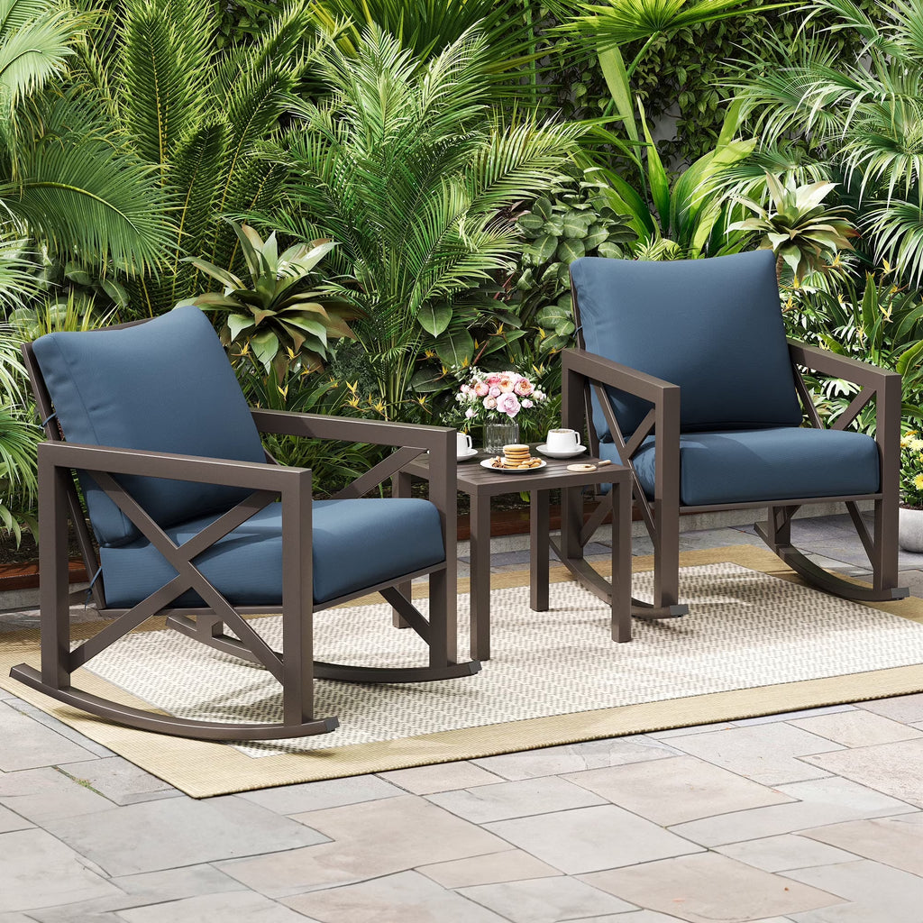 MRUAKA Rocking Chair Bistro Set, 3 Piece Outdoor Patio Furniture Set with 2 Rockers and 1 Metal Coffee Table with Thick Cushions for Porch, Backyard, Poolside, Beige