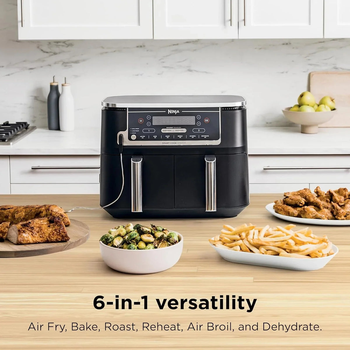 Ninja Foodi 10QT 6-in-1 DualZone Smart XL Air Fryer, 2 Independent 5QT Baskets, Smart Cook Thermometer, Match Cook, Smart Finish, Air Fry, Roast, Bake, Dehydrate, Reheat, Grey, DZ550