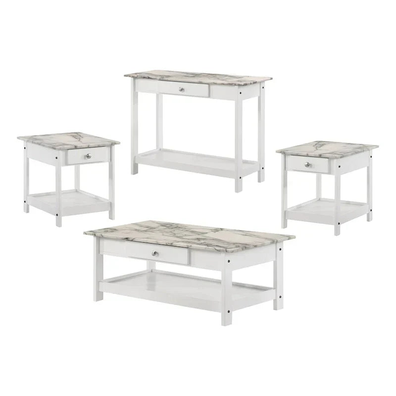 Denhour DH BASIC 4-Piece Open-Shelf Coffee Table Set with Drawer in Transitional Rubberwood