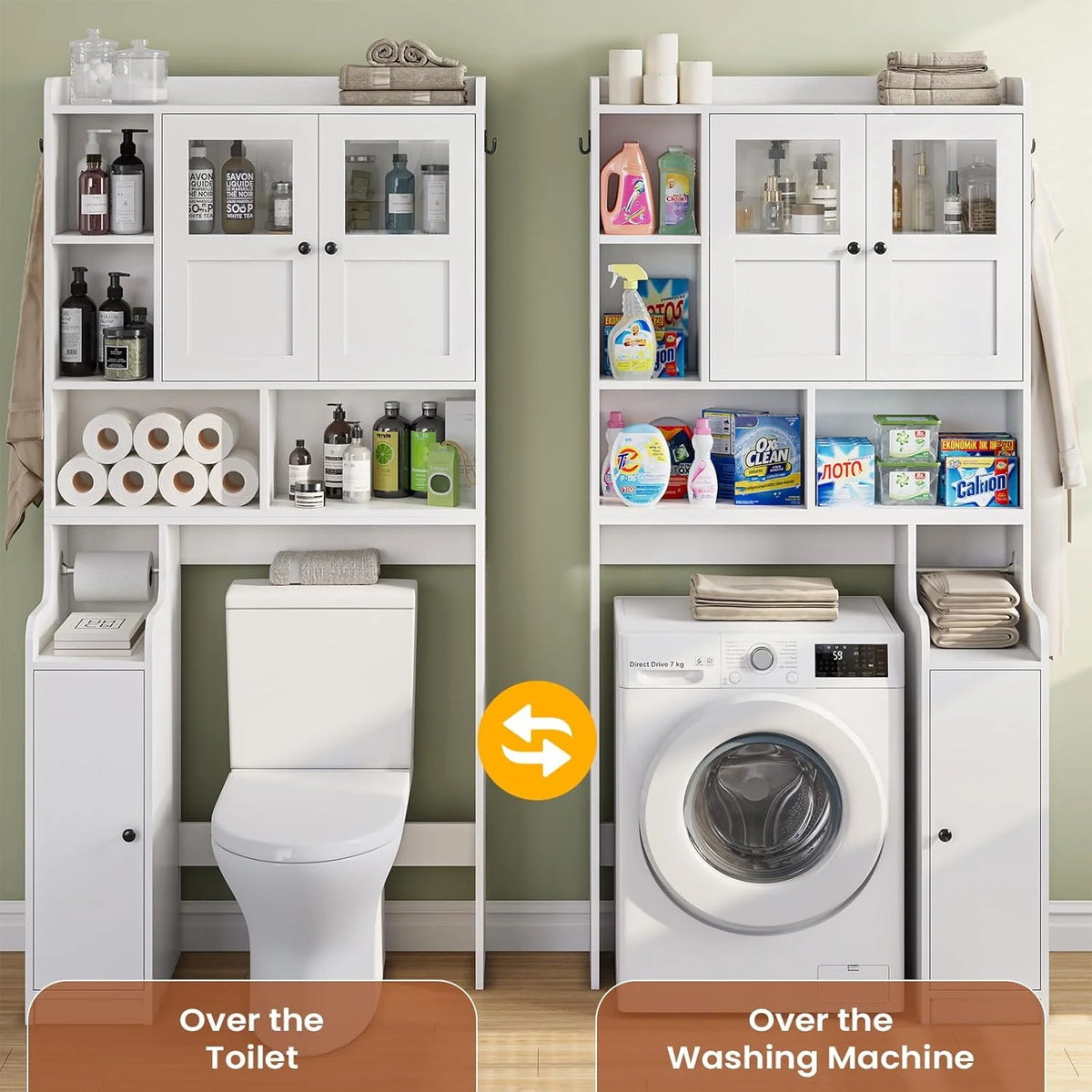Over the Toilet Storage Cabinet with 3 Doors, Farmhouse Space Saver for Bathroom Organizer with Paper Holder, 10 Shelves and Hooks, 7 - Tier Over Washing Machine Cabinet for Laundry, Bathroom, Natural