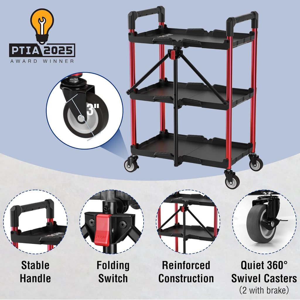 WORKPRO 3-Tier Collapsible Service Cart, Black/Red, 210 LBS Foldable Utility Cart with Wheels, Portable Rolling Tool Cart for Garage, Warehouse, Home, Restaurant and Office (No Assembly Required)