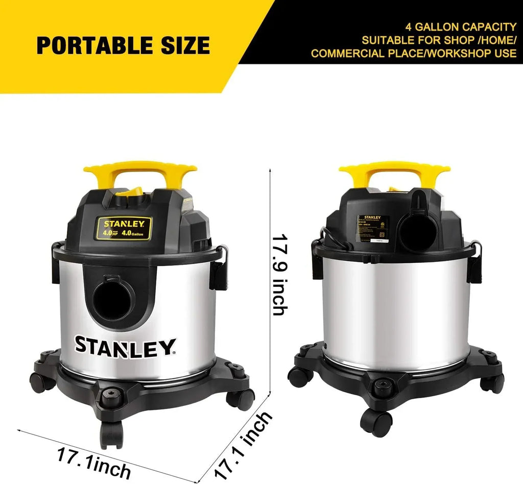 4 Gallon Wet Dry Vacuum, 4 Peak HP Stainless Steel 3 in 1 Shop Vacuum Blower with Powerful Suction, Vacuum for Job Site, Garage, Basement, Workshop