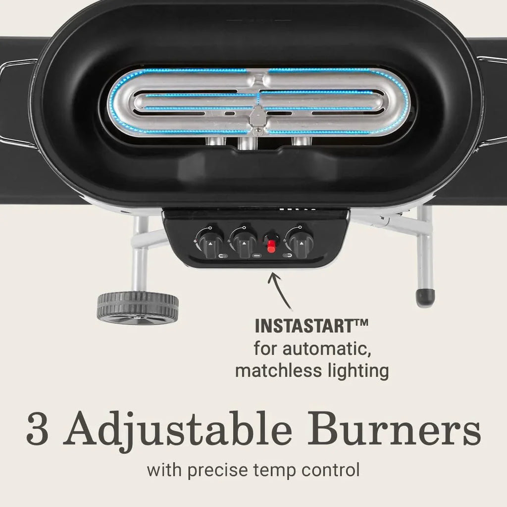 RoadTrip 285 Portable Stand-Up Propane Grill with 3 Adjustable Burners & Instastart Ignition, 20,000 BTUs of Power for Outdoor Cooking, Camping, Tailgating, Grilling, BBQs, & More