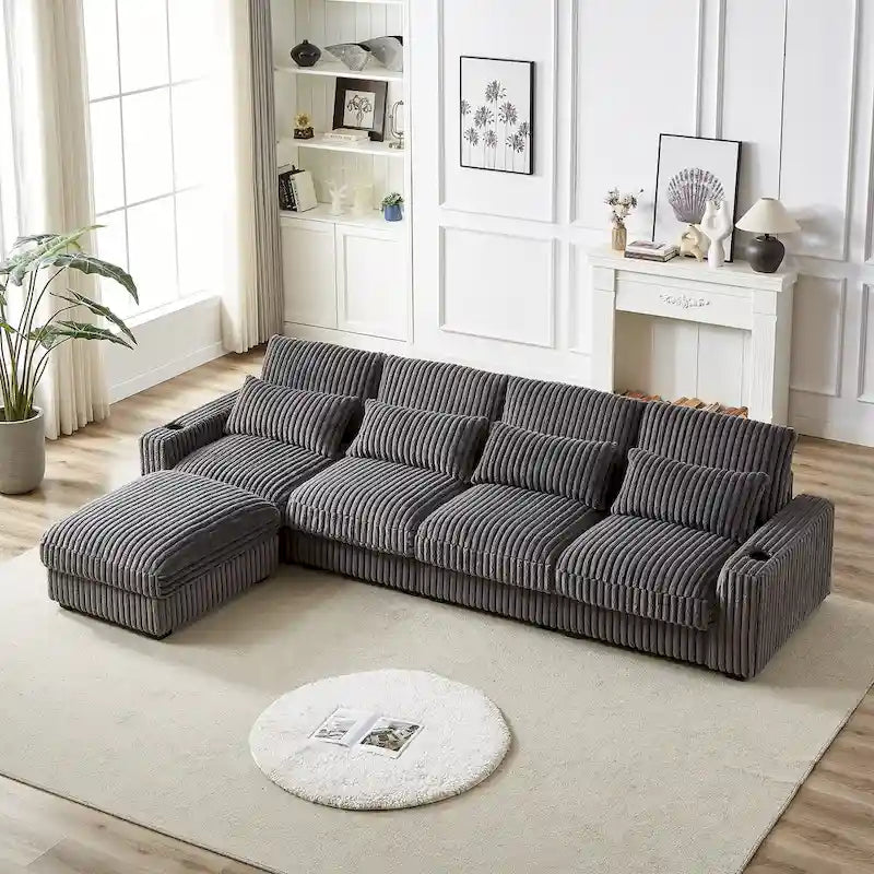 126W Large L-Shaped Corduroy Sofa with USB Charging Port