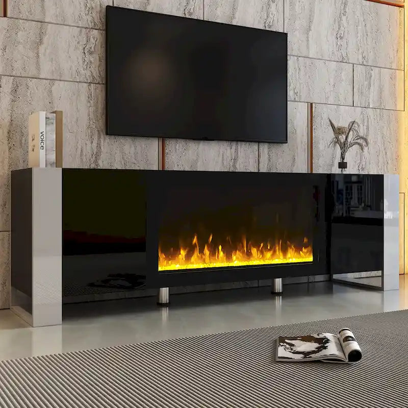 Contemporary Black 68.1" TV Stand with Fireplace and 2 Spacious Cabinets for TVs Up to 78"
