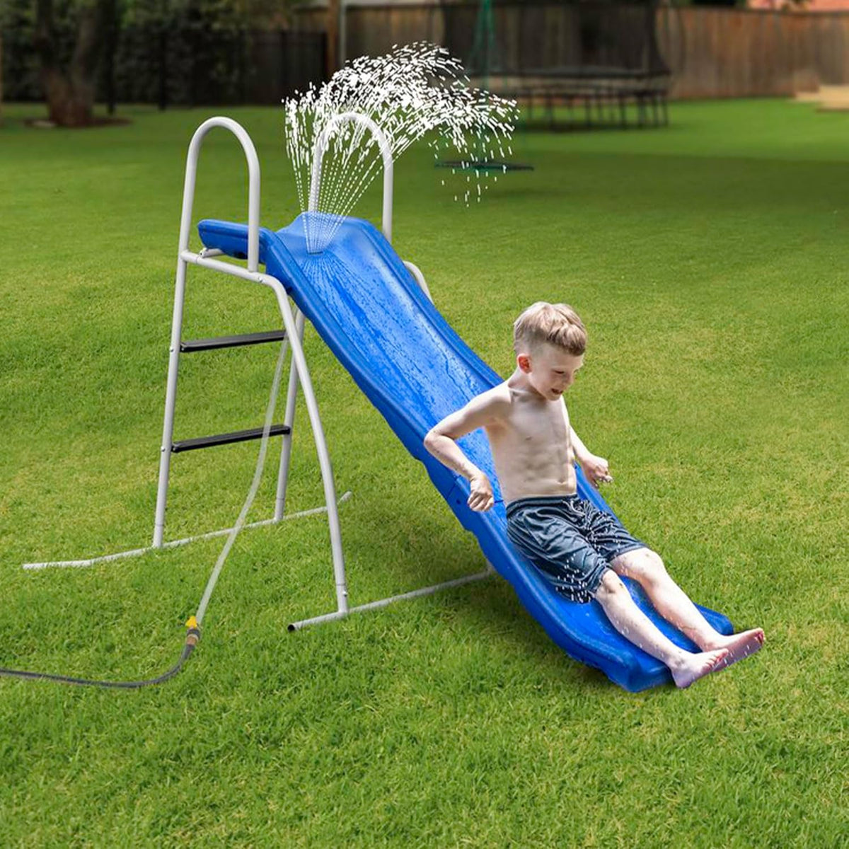 XDP Recreation 6 Foot Water Wave Slide with Built In Adjustable Sprinkler, Freestanding with Ground Pad and Hose Extension for Lawn Fun, Ages 3 to 8