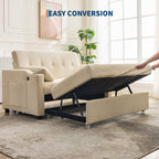 3 in 1 Convertible Sleeper Sofa Bed, Corduroy Futon Couches with Pull - Out Bed, Adjustable Backrest, Charging Port & Side Pockets, Modern Upholstered Sofa for Living Room, Guest Room