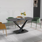 63-Inch Contemporary Dining Table with Slate Stone Surface and Metal Legs, Marble Finish