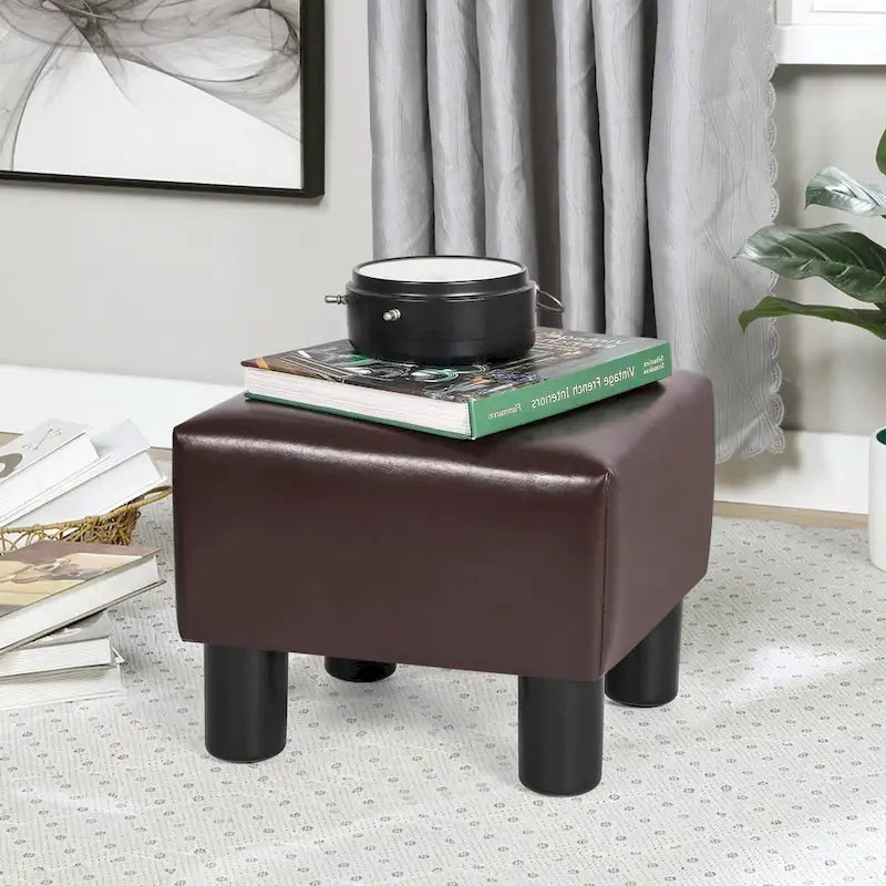 Square Footrest Stool with Upholstered Seat and Wooden Legs
