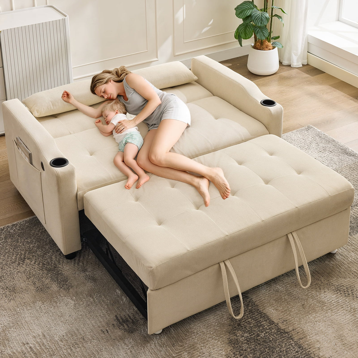3 in 1 Convertible Sleeper Sofa Bed, Corduroy Futon Couches with Pull - Out Bed, Adjustable Backrest, Charging Port & Side Pockets, Modern Upholstered Sofa for Living Room, Guest Room