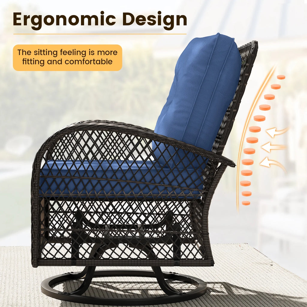ELPOSUN 3 Pieces Patio Furniture Set, Outdoor Swivel Gliders Rocker, Wicker Patio Bistro Set with Rattan Rocking Chair, Glass Top Side Table and Thickened Cushions for Porch Deck Backyard